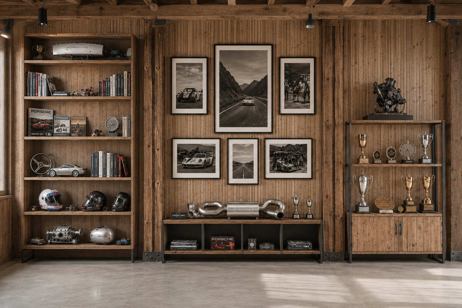 Objets, trophées et archives Porsche exposés dans la grange